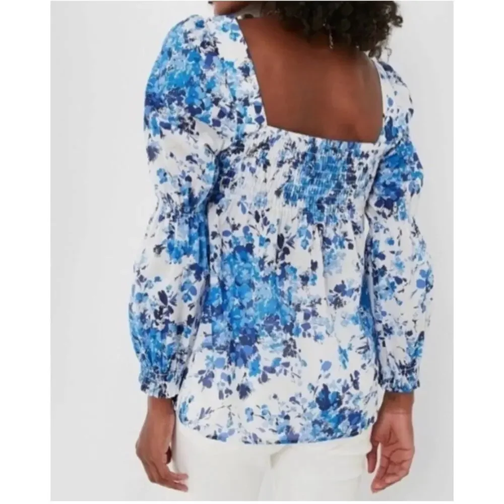 Tuckernuck Blue & White Floral Smocked Square-Neck Blouse